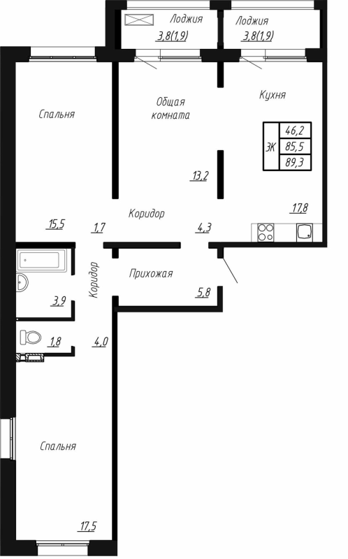 4-комнатная (Евро) квартира, 89.3 м² в ЖК "Сибирь" - планировка, фото №1