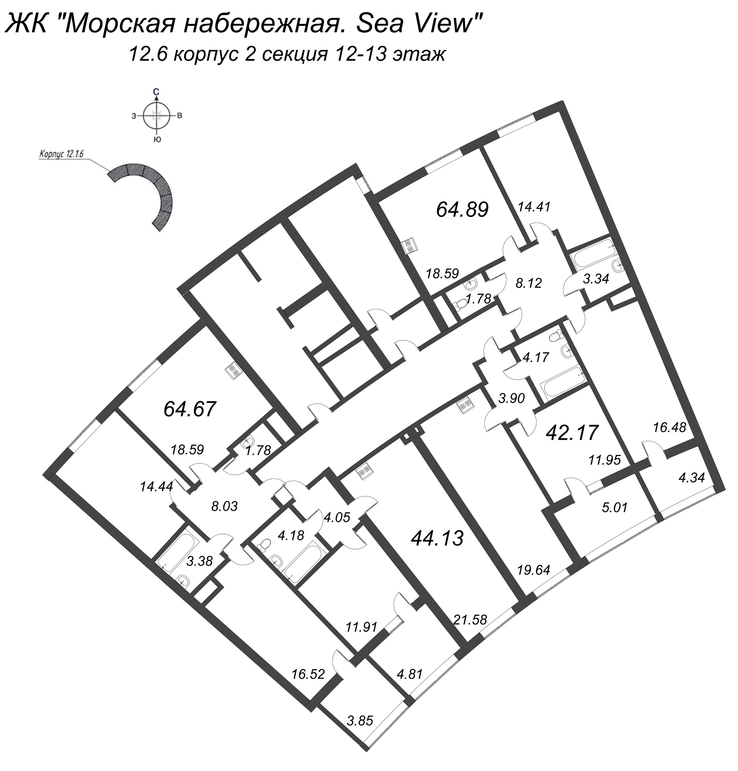 3-комнатная (Евро) квартира, 64.67 м² в ЖК "Морская набережная. SeaView" - планировка этажа