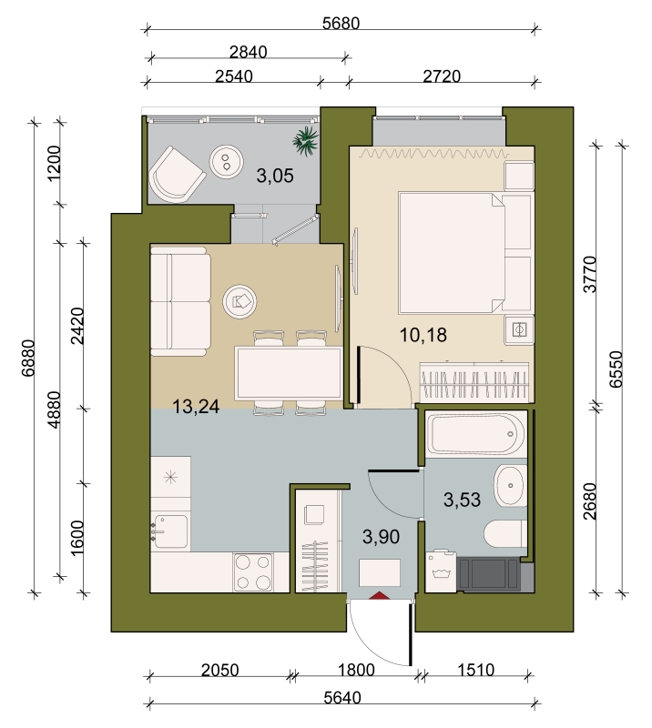1-комнатная квартира, 32.94 м² в ЖК "Уютный" - планировка, фото №1