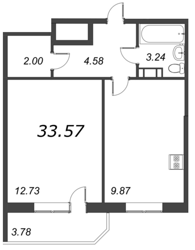 1-комнатная квартира, 33.55 м² в ЖК "Капральский" - планировка, фото №1
