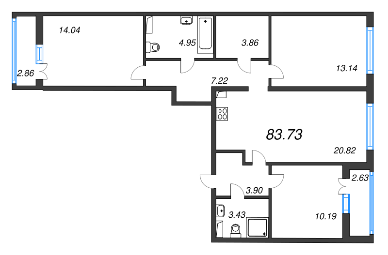 4-комнатная (Евро) квартира, 83.73 м² в ЖК "AEROCITY" - планировка, фото №1