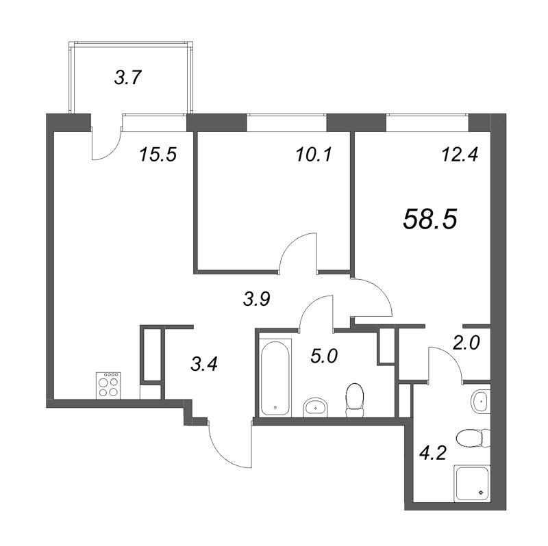 3-комнатная (Евро) квартира, 58.5 м² в ЖК "Куинджи" - планировка, фото №1