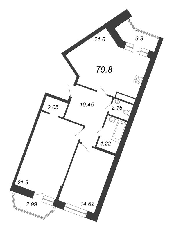 3-комнатная (Евро) квартира, 79.8 м² - планировка, фото №1