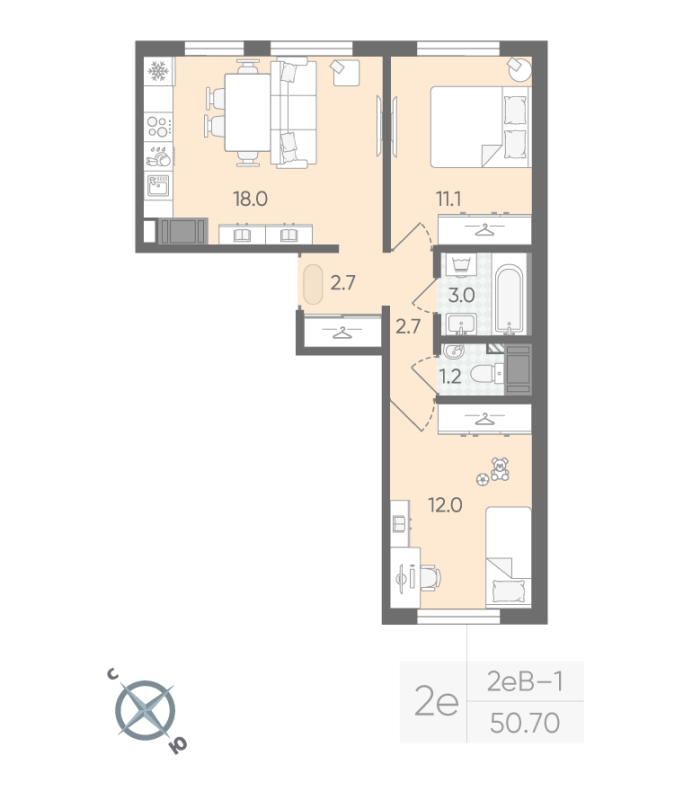 2-комнатная квартира, 50.7 м² - планировка, фото №1