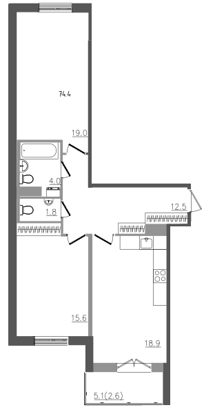 3-комнатная (Евро) квартира, 74.3 м² в ЖК "Upoint" - планировка, фото №1