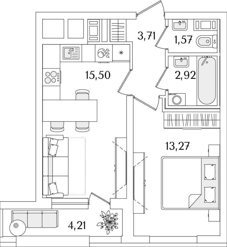 2-комнатная (Евро) квартира, 39.08 м² в ЖК "Лайнеръ" - планировка, фото №1