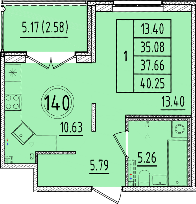 1-комнатная квартира, 35.08 м² в ЖК "Образцовый квартал 17" - планировка, фото №1