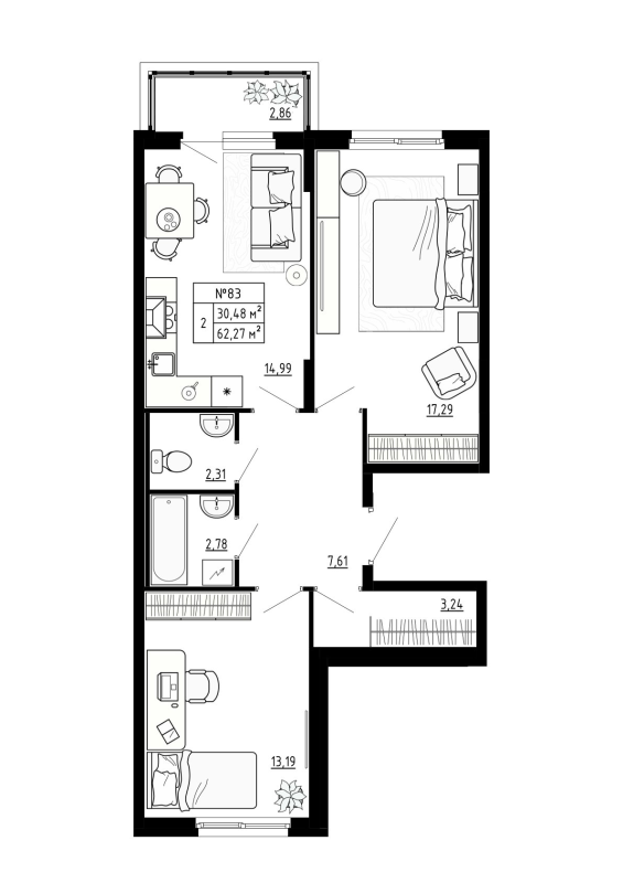 2-комнатная квартира, 62.27 м² - планировка, фото №1