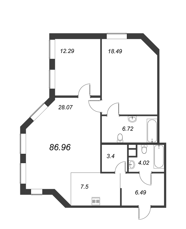 3-комнатная (Евро) квартира, 87.24 м² в ЖК "Akzent" - планировка, фото №1