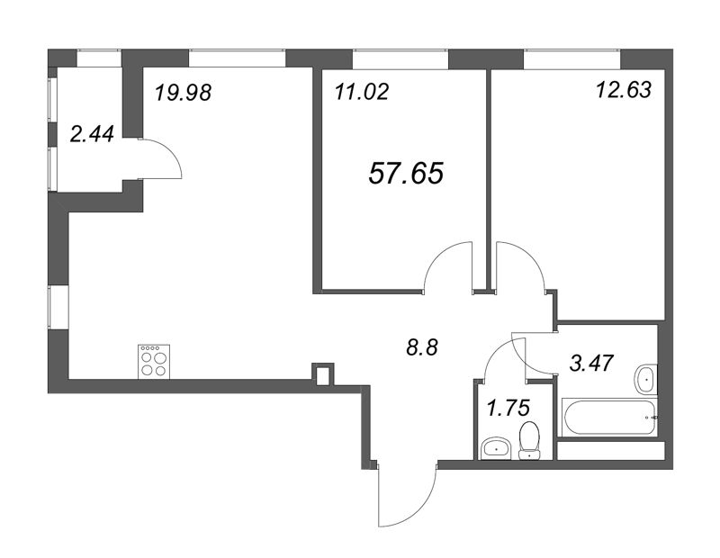 3-комнатная (Евро) квартира, 57.65 м² в ЖК "Мурино Space" - планировка, фото №1