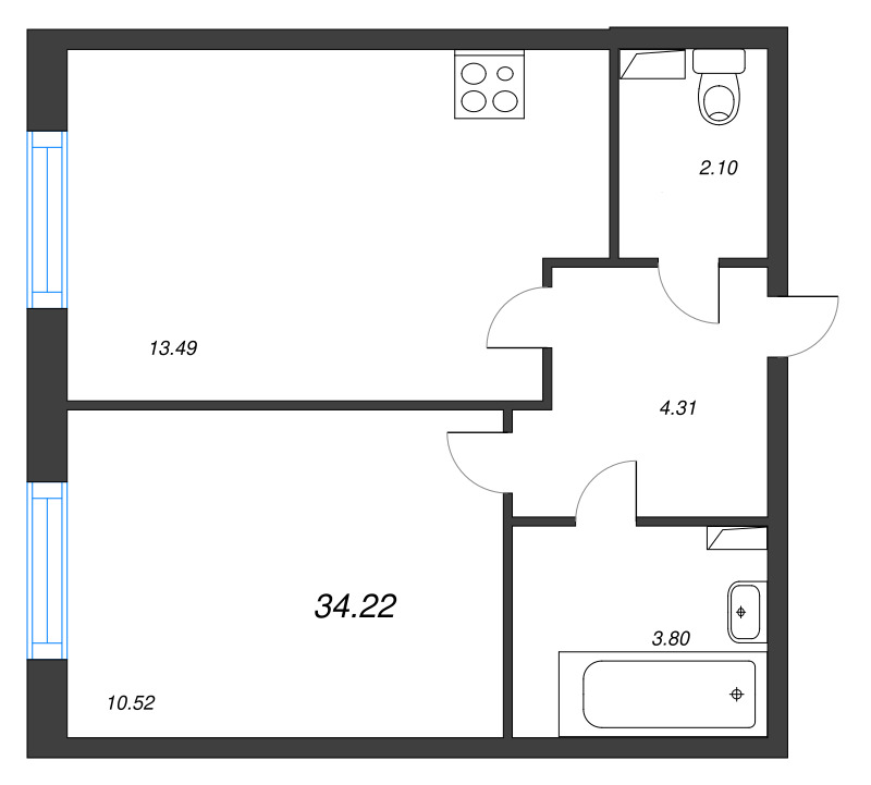 2-комнатная (Евро) квартира, 34.22 м² в ЖК "Кинопарк" - планировка, фото №1