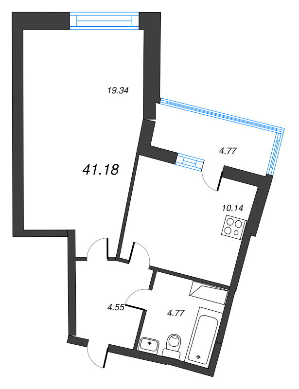 2-комнатная (Евро) квартира, 41.18 м² в ЖК "Дом Левитан" - планировка, фото №1