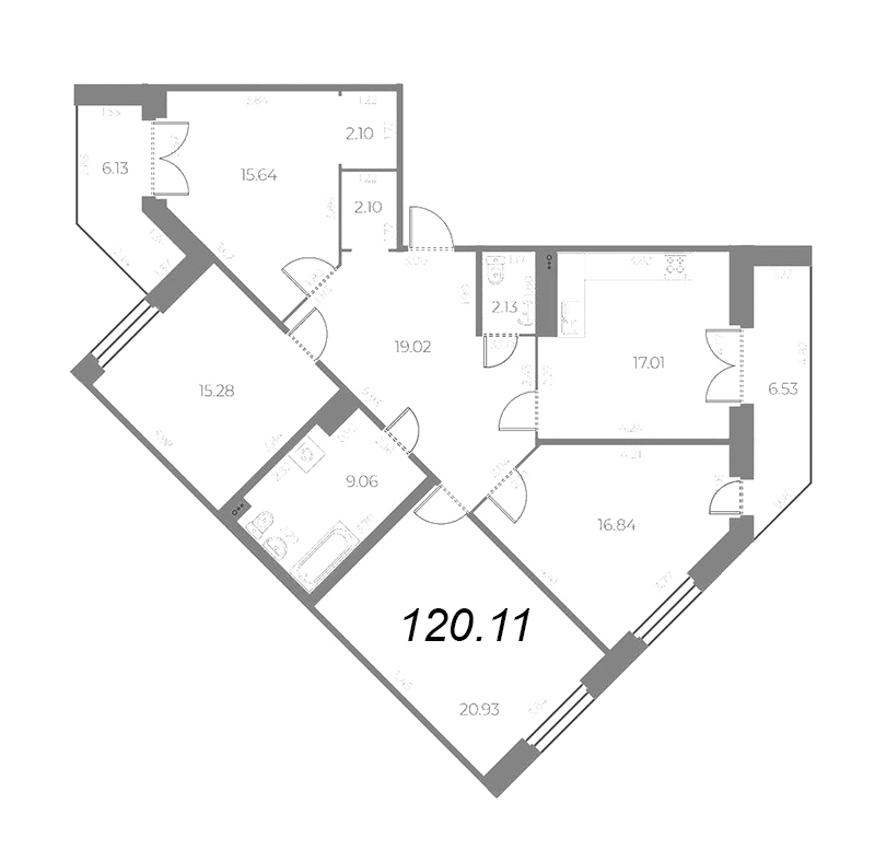 5-комнатная (Евро) квартира, 126.44 м² в ЖК "Огни Залива" - планировка, фото №1