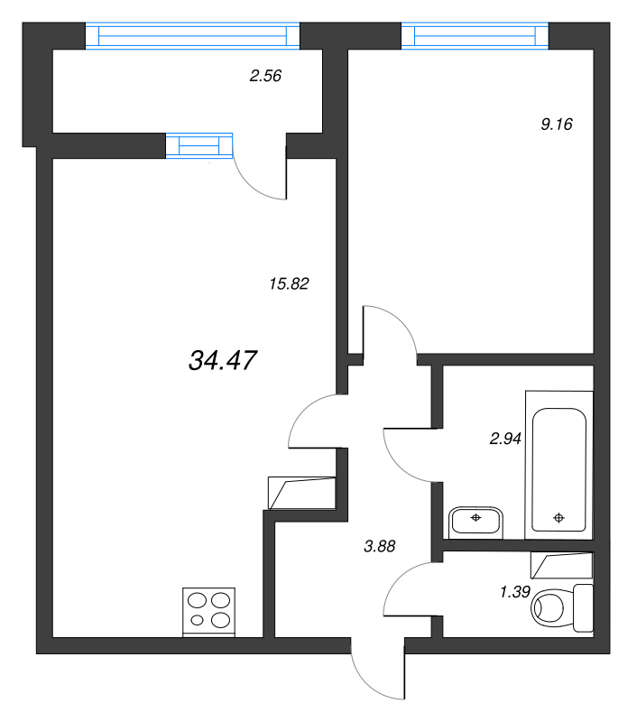 2-комнатная (Евро) квартира, 34.47 м² в ЖК "AEROCITY" - планировка, фото №1