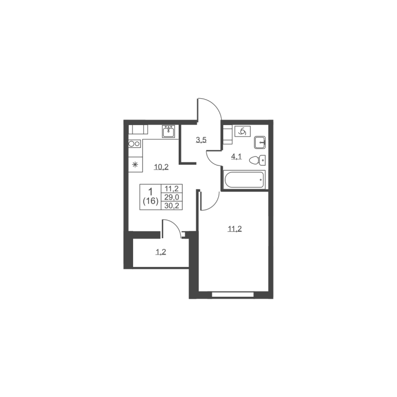 1-комнатная квартира, 30.2 м² в ЖК "Ермак" - планировка, фото №1