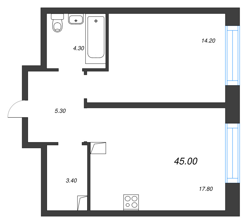 2-комнатная (Евро) квартира, 45 м² в ЖК "ЛДМ" - планировка, фото №1