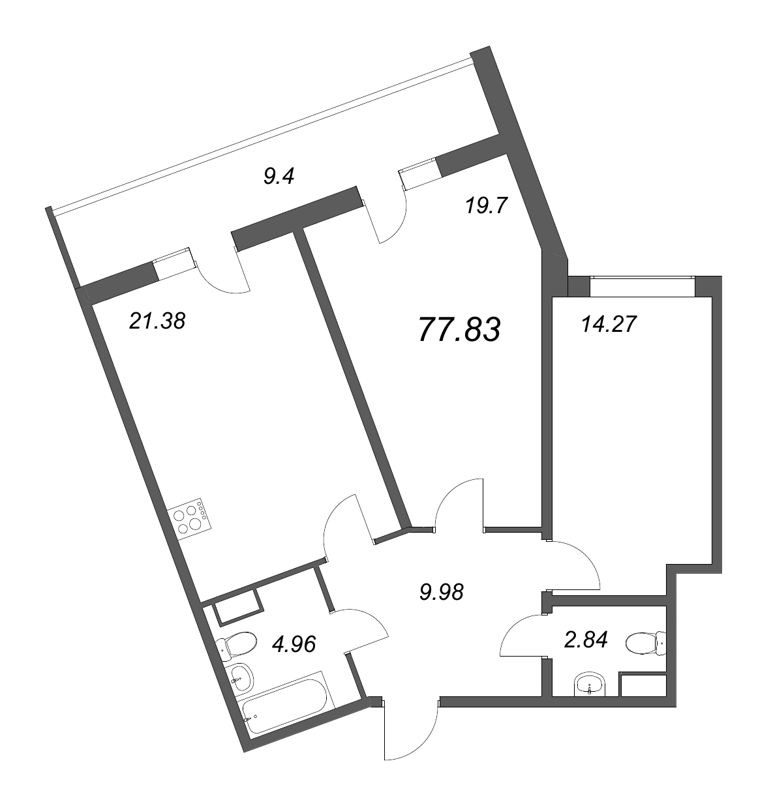 3-комнатная (Евро) квартира, 77.6 м² в ЖК "Аквилон Zalive" - планировка, фото №1