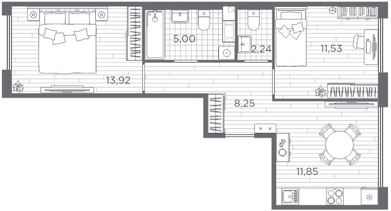 2-комнатная квартира, 52.79 м² в ЖК "PLUS Пулковский" - планировка, фото №1