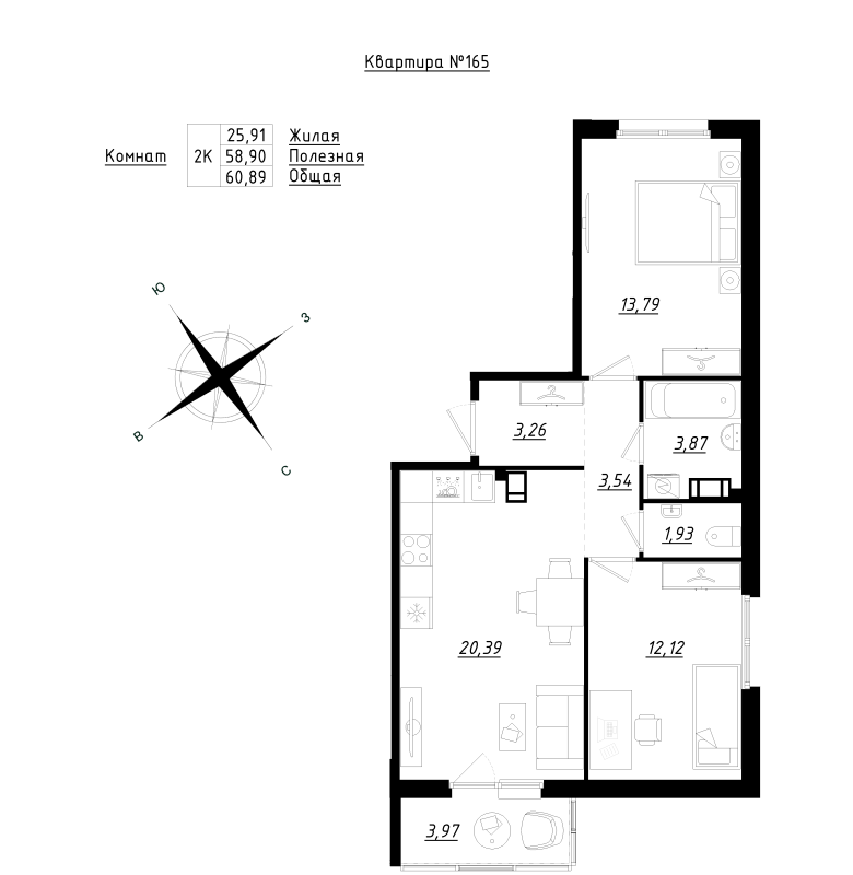 3-комнатная (Евро) квартира, 60.89 м² в ЖК "Счастье 2.0" - планировка, фото №1