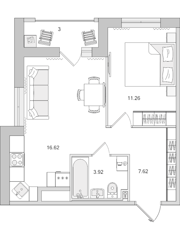 2-комнатная (Евро) квартира, 39.42 м² в ЖК "Город Первых" - планировка, фото №1