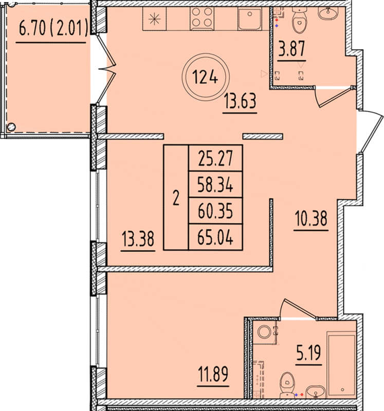 2-комнатная квартира, 58.34 м² в ЖК "Образцовый квартал 17" - планировка, фото №1