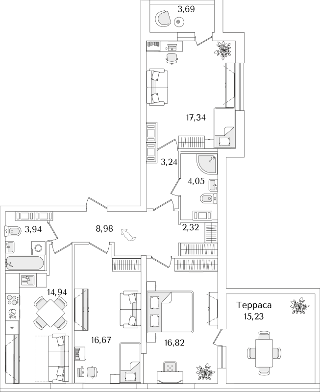 3-комнатная квартира, 94.71 м² в ЖК "Лайнеръ" - планировка, фото №1