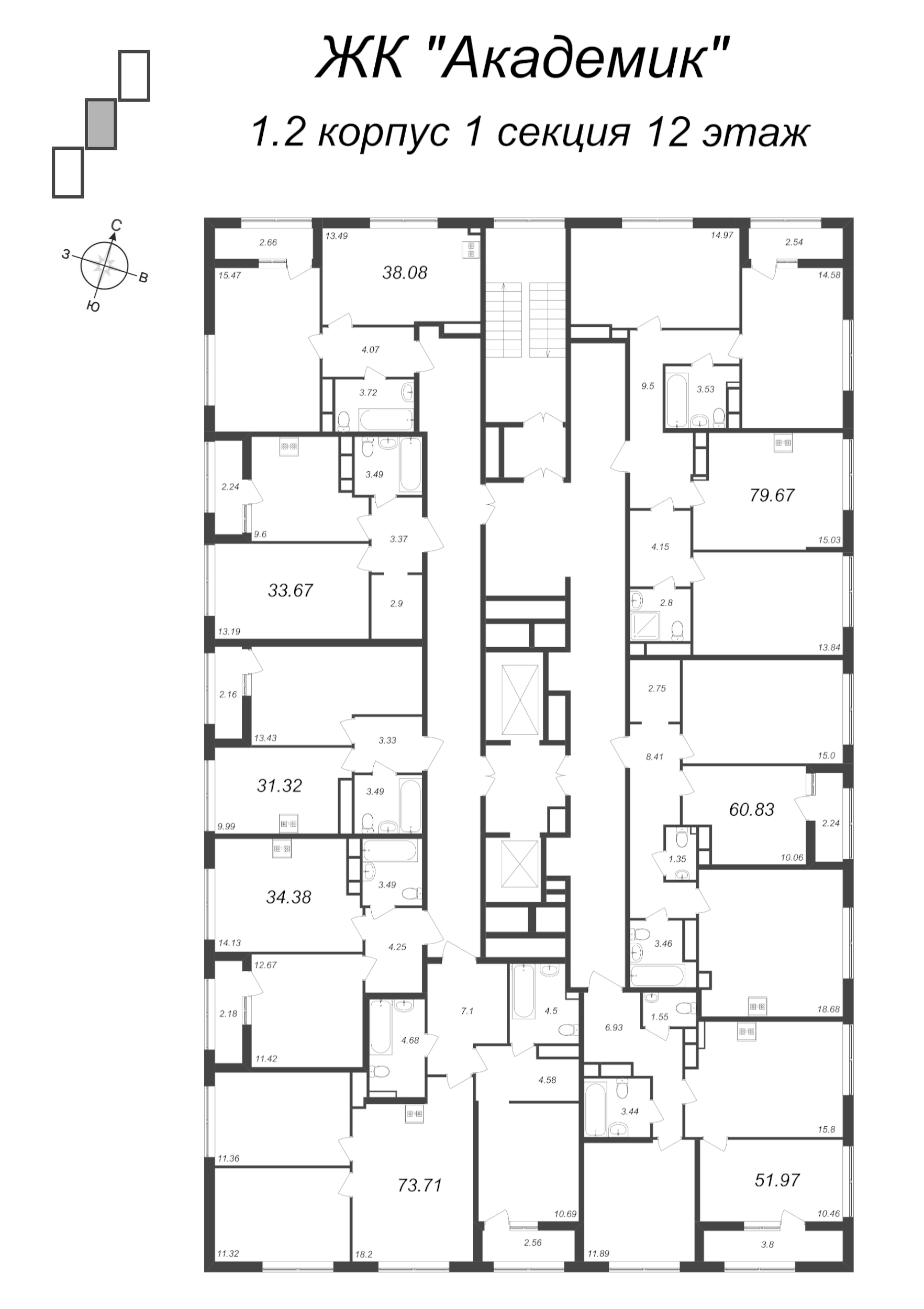 3-комнатная (Евро) квартира, 60.83 м² в ЖК "Академик" - планировка этажа