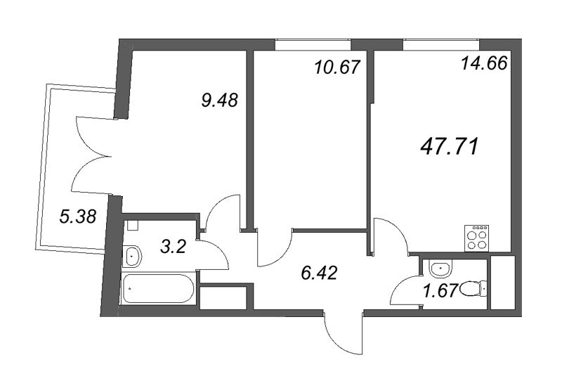 2-комнатная квартира, 47.71 м² - планировка, фото №1