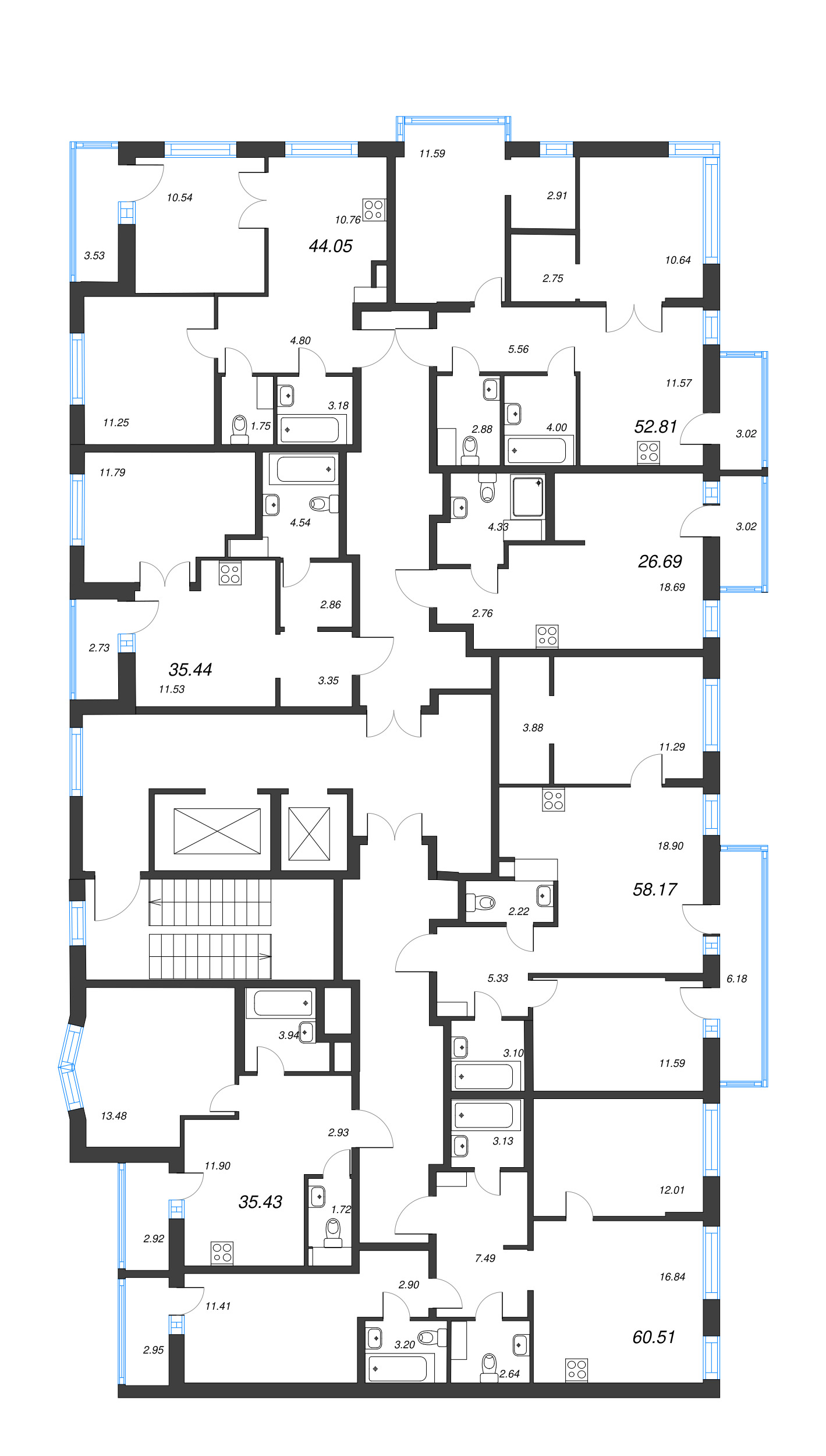 3-комнатная (Евро) квартира, 58.17 м² в ЖК "ID Murino III" - планировка этажа