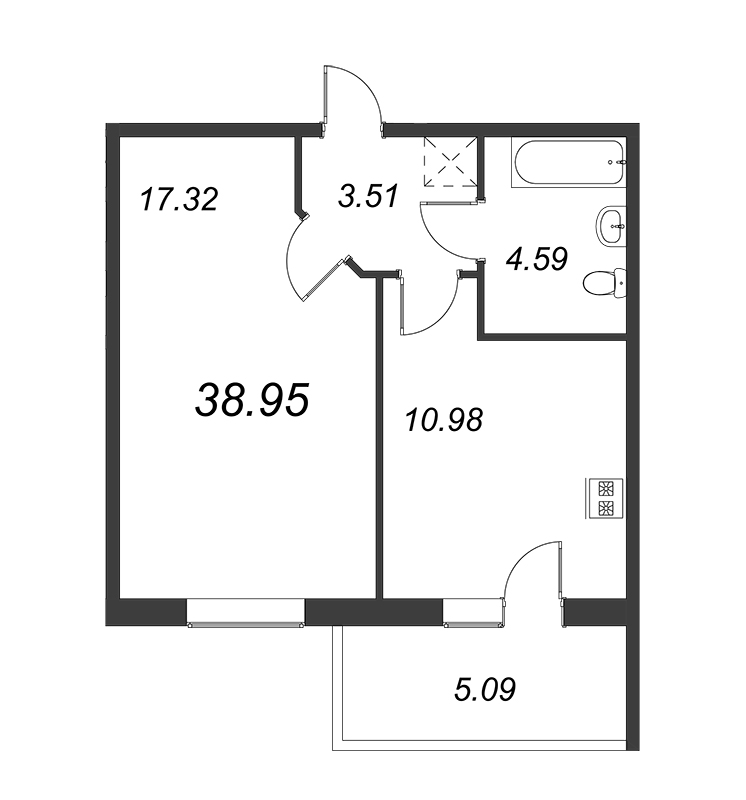 1-комнатная квартира, 36.4 м² - планировка, фото №1