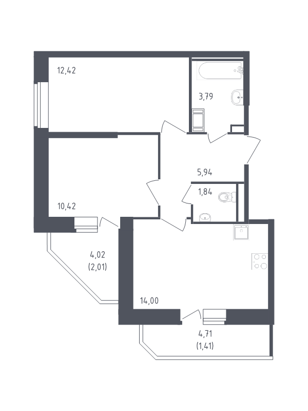 2-комнатная квартира, 51.83 м² в ЖК "Живи! В Рыбацком" - планировка, фото №1