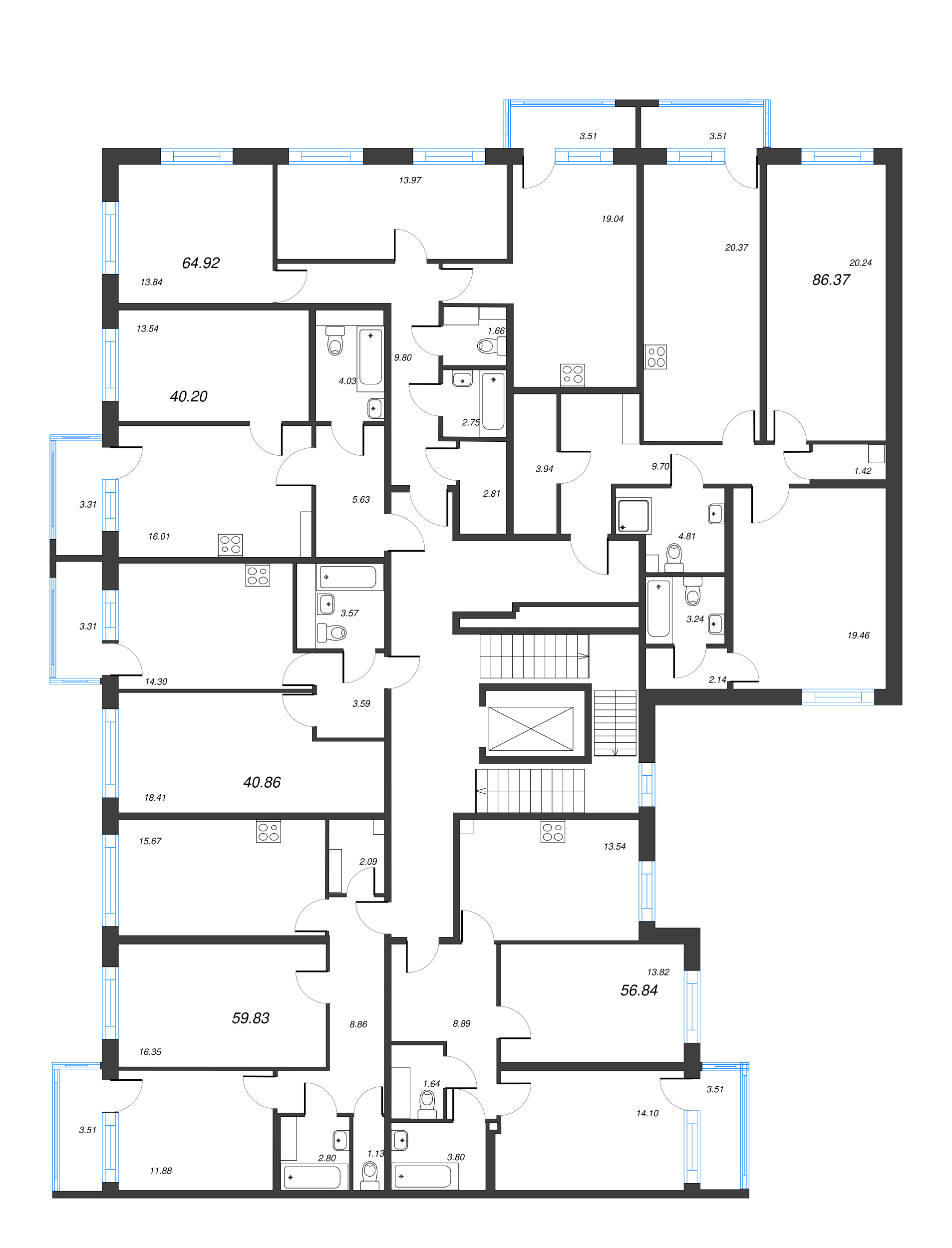 3-комнатная (Евро) квартира, 63.87 м² в ЖК "OKLA" - планировка этажа