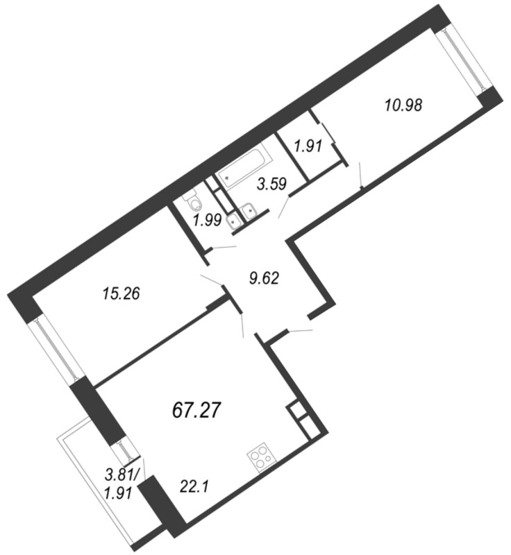 2-комнатная квартира, 67.27 м² - планировка, фото №1