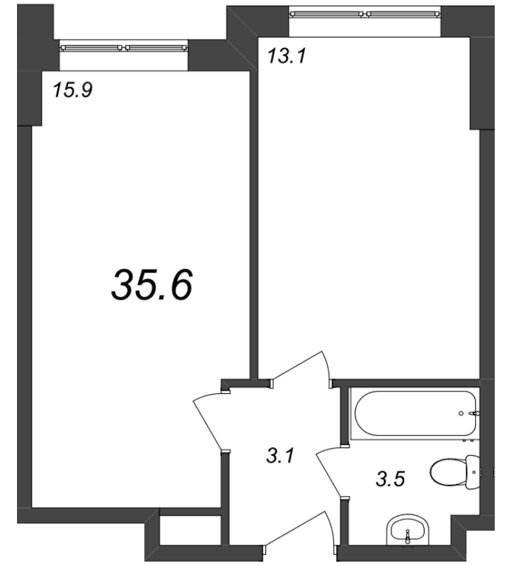 2-комнатная (Евро) квартира, 36.35 м² в ЖК "Zoom на Неве" - планировка, фото №1