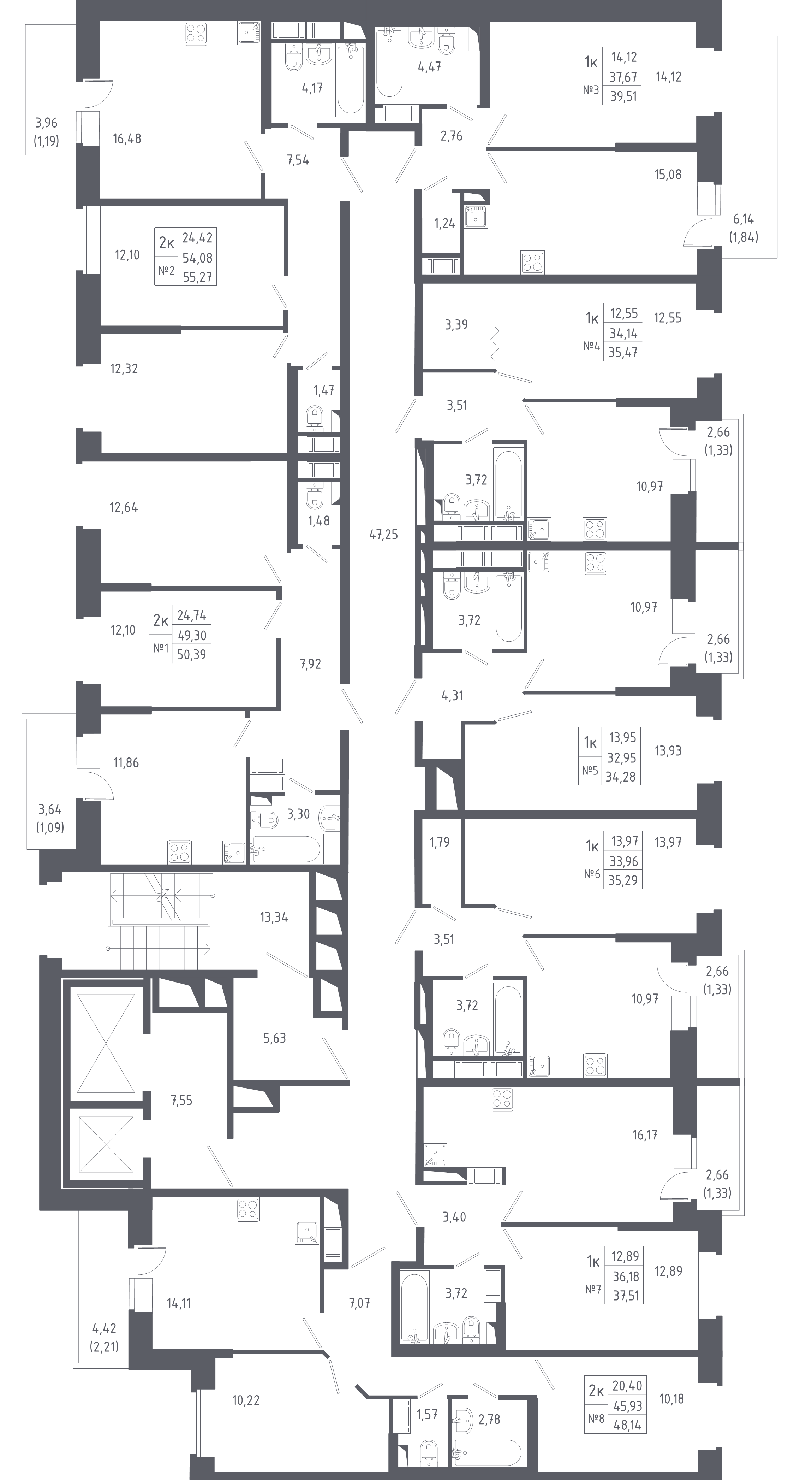2-комнатная квартира, 48.14 м² в ЖК "Новое Колпино" - планировка этажа