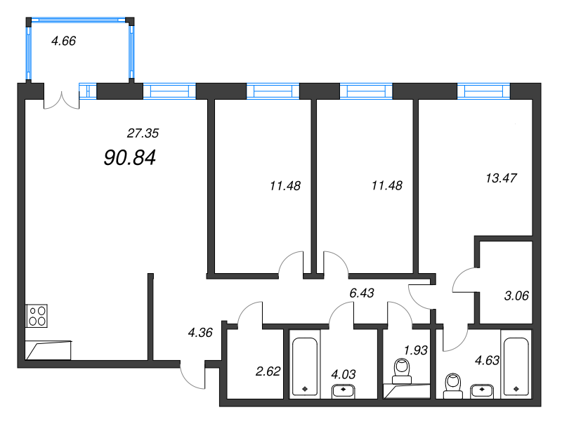 4-комнатная (Евро) квартира, 90.84 м² в ЖК "Черная речка, 41" - планировка, фото №1