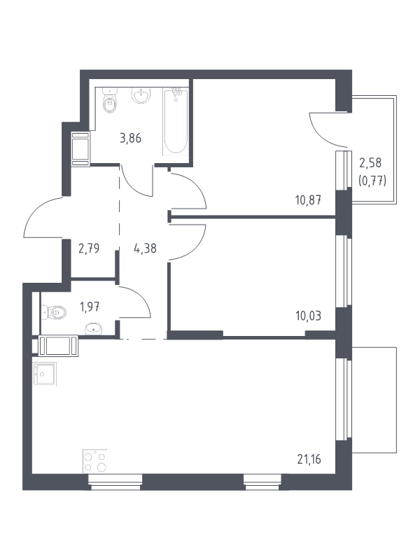 3-комнатная (Евро) квартира, 55.83 м² в ЖК "Квартал Торики" - планировка, фото №1