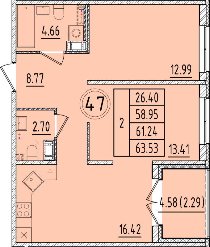 3-комнатная (Евро) квартира, 58.95 м² в ЖК "Образцовый квартал 17" - планировка, фото №1