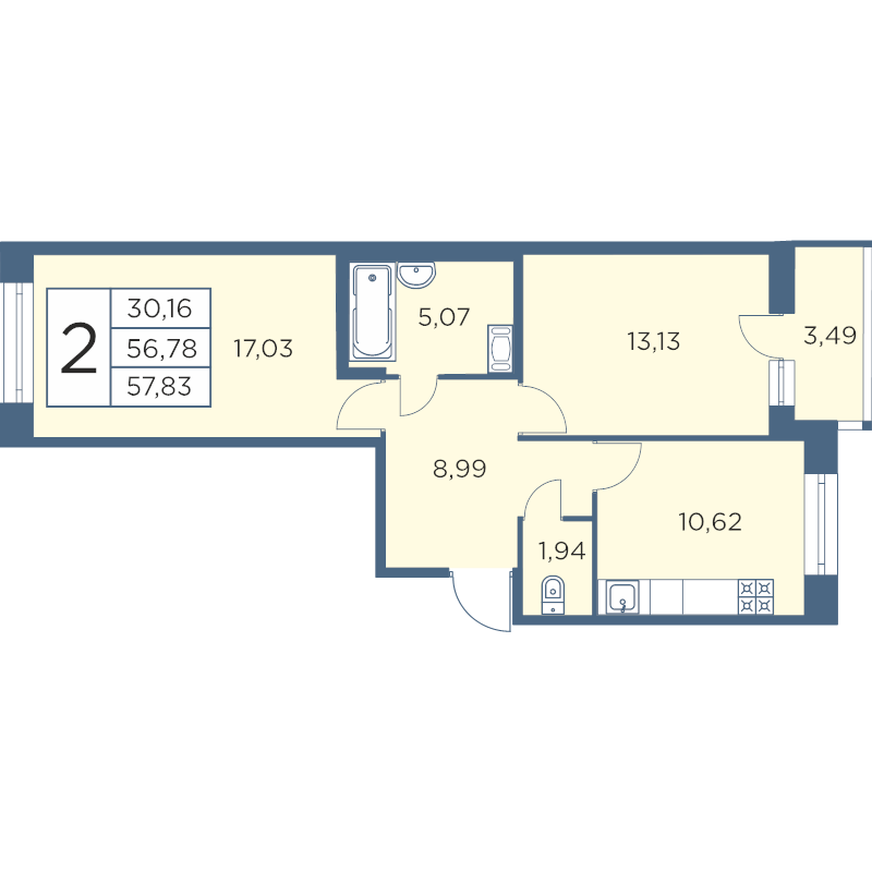 2-комнатная квартира, 57.83 м² в ЖК "Новый Лесснер" - планировка, фото №1