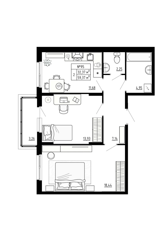 2-комнатная квартира, 59.37 м² - планировка, фото №1
