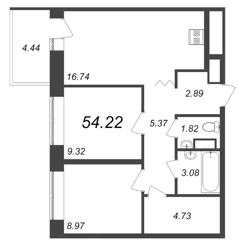 3-комнатная (Евро) квартира, 54.22 м² в ЖК "Уютный" - планировка, фото №1