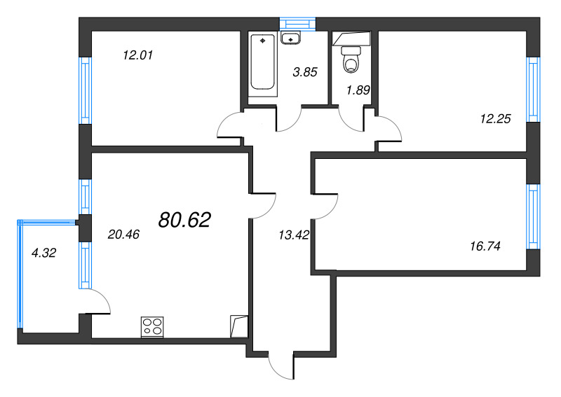 4-комнатная (Евро) квартира, 80.62 м² в ЖК "ЮгТаун" - планировка, фото №1