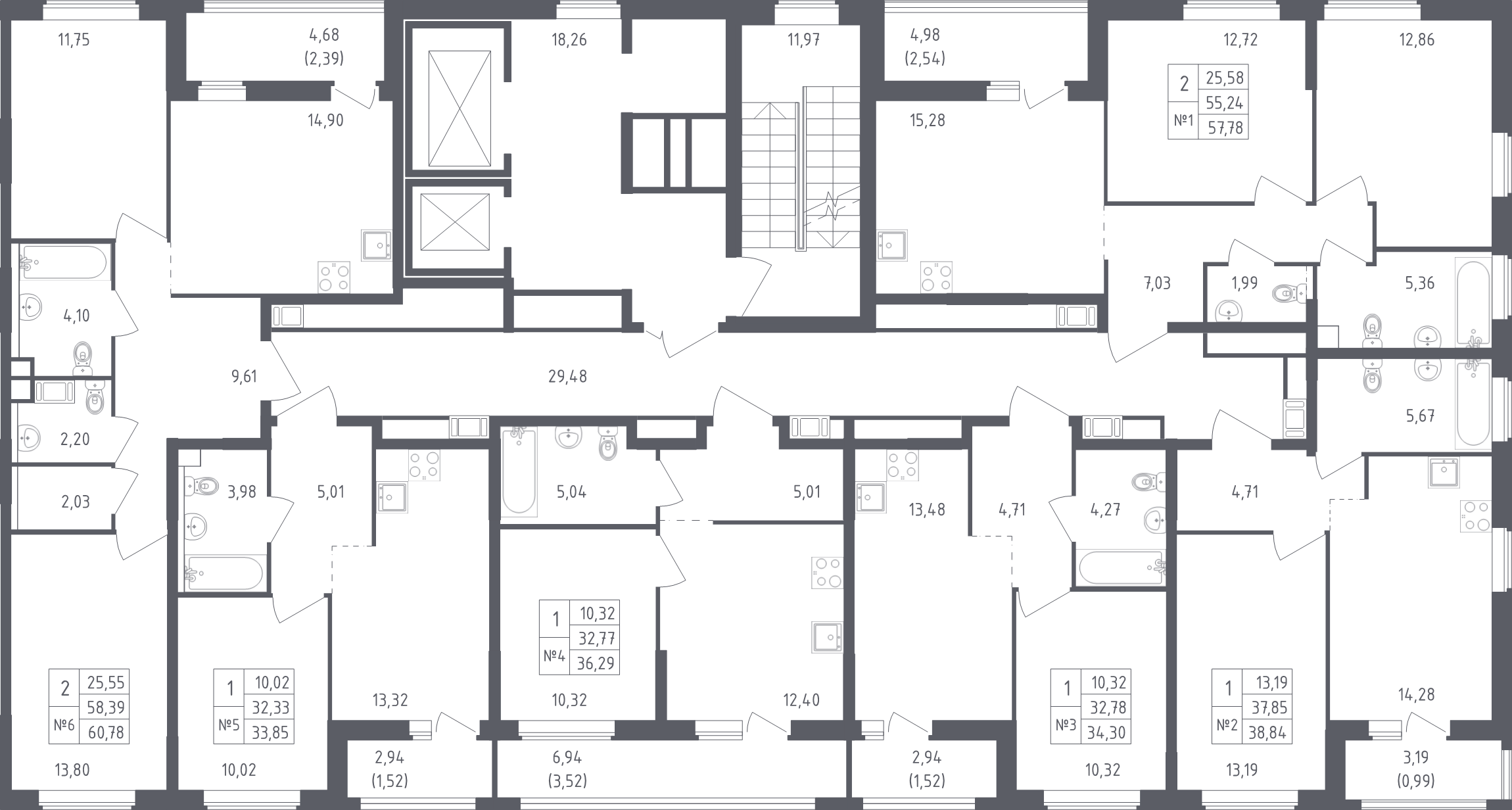 3-комнатная (Евро) квартира, 57.78 м² в ЖК "Южная Нева" - планировка этажа