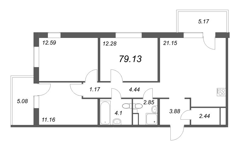 4-комнатная (Евро) квартира, 79.33 м² в ЖК "IQ Гатчина" - планировка, фото №1
