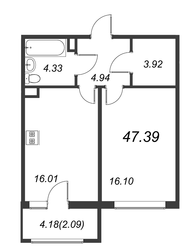 2-комнатная (Евро) квартира, 47.3 м² в ЖК "FAMILIA" - планировка, фото №1
