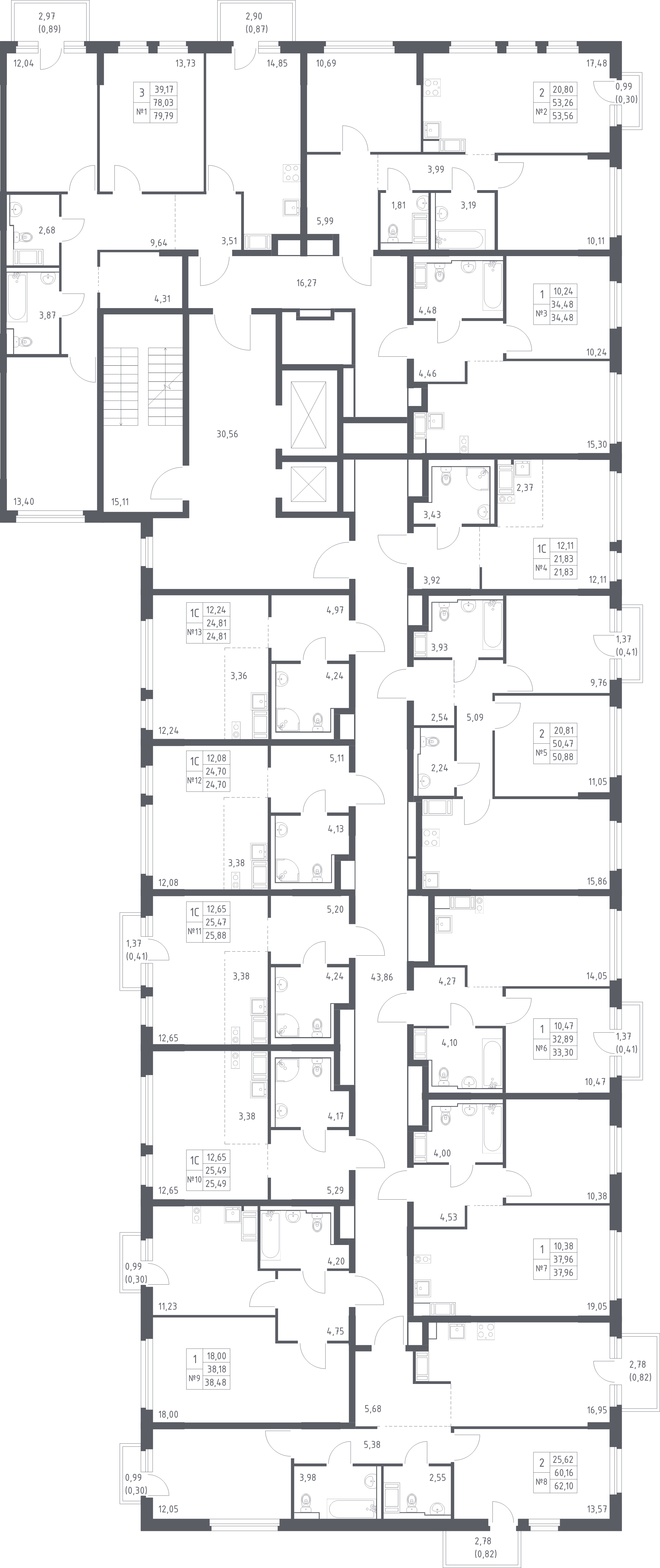 2-комнатная (Евро) квартира, 34.48 м² - планировка этажа