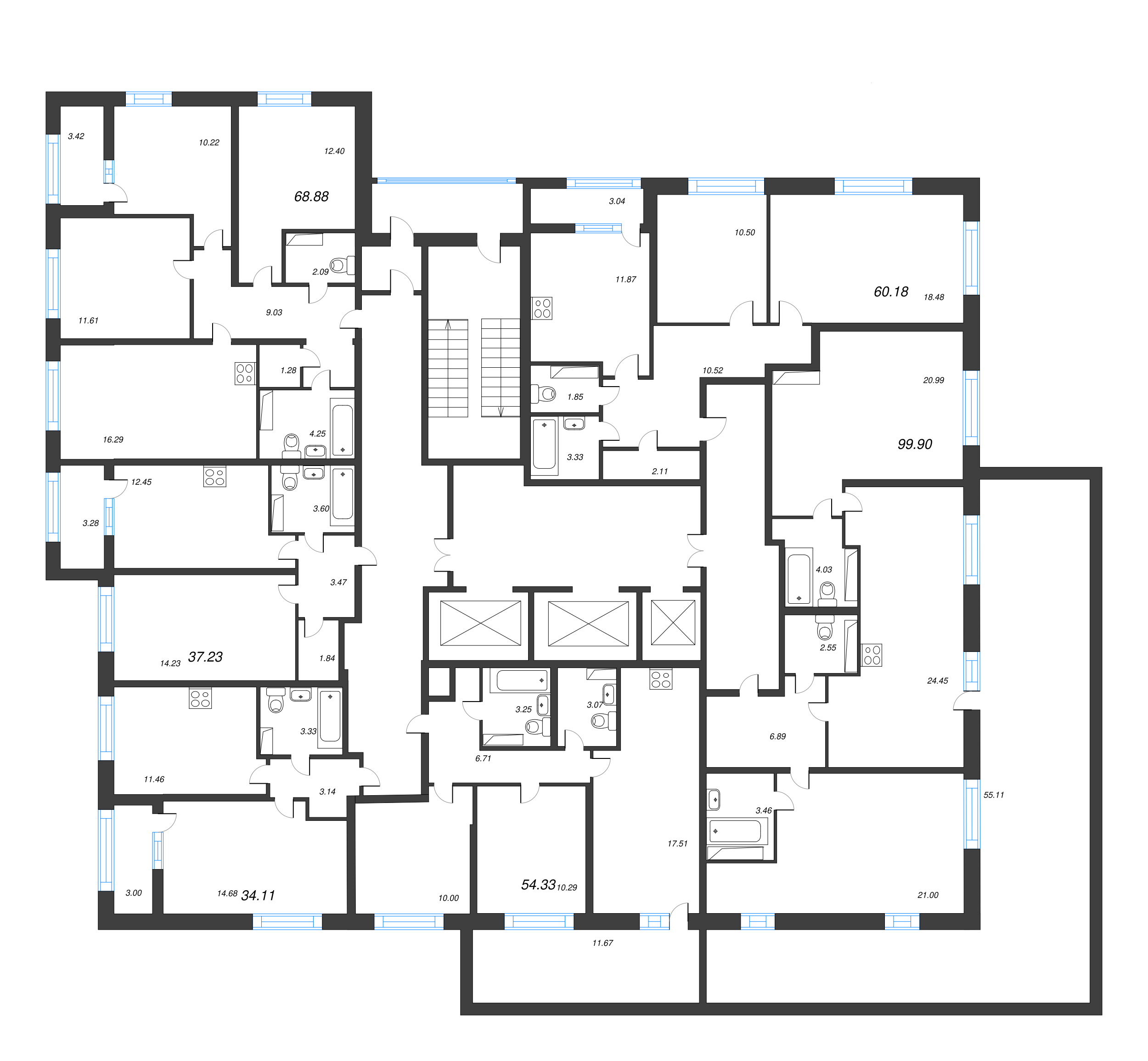 3-комнатная (Евро) квартира, 54.33 м² в ЖК "БелАрт" - планировка этажа