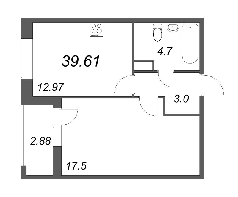 1-комнатная квартира, 39.61 м² в ЖК "Аквилон Leaves" - планировка, фото №1