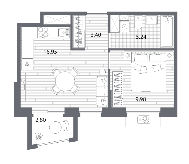 2-комнатная (Евро) квартира, 36.41 м² в ЖК "Respect" - планировка, фото №1
