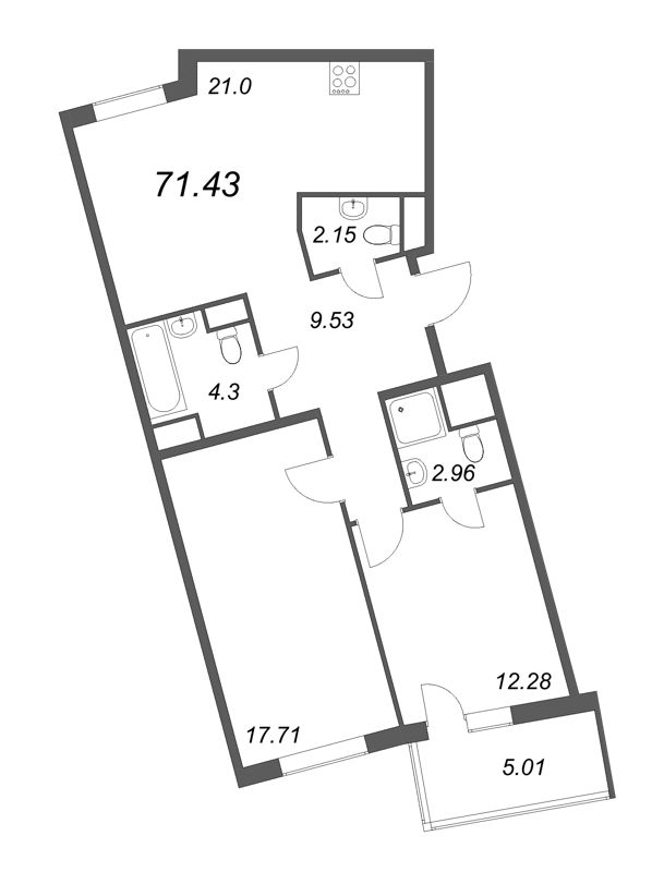 3-комнатная (Евро) квартира, 74.93 м² в ЖК "OKLA" - планировка, фото №1